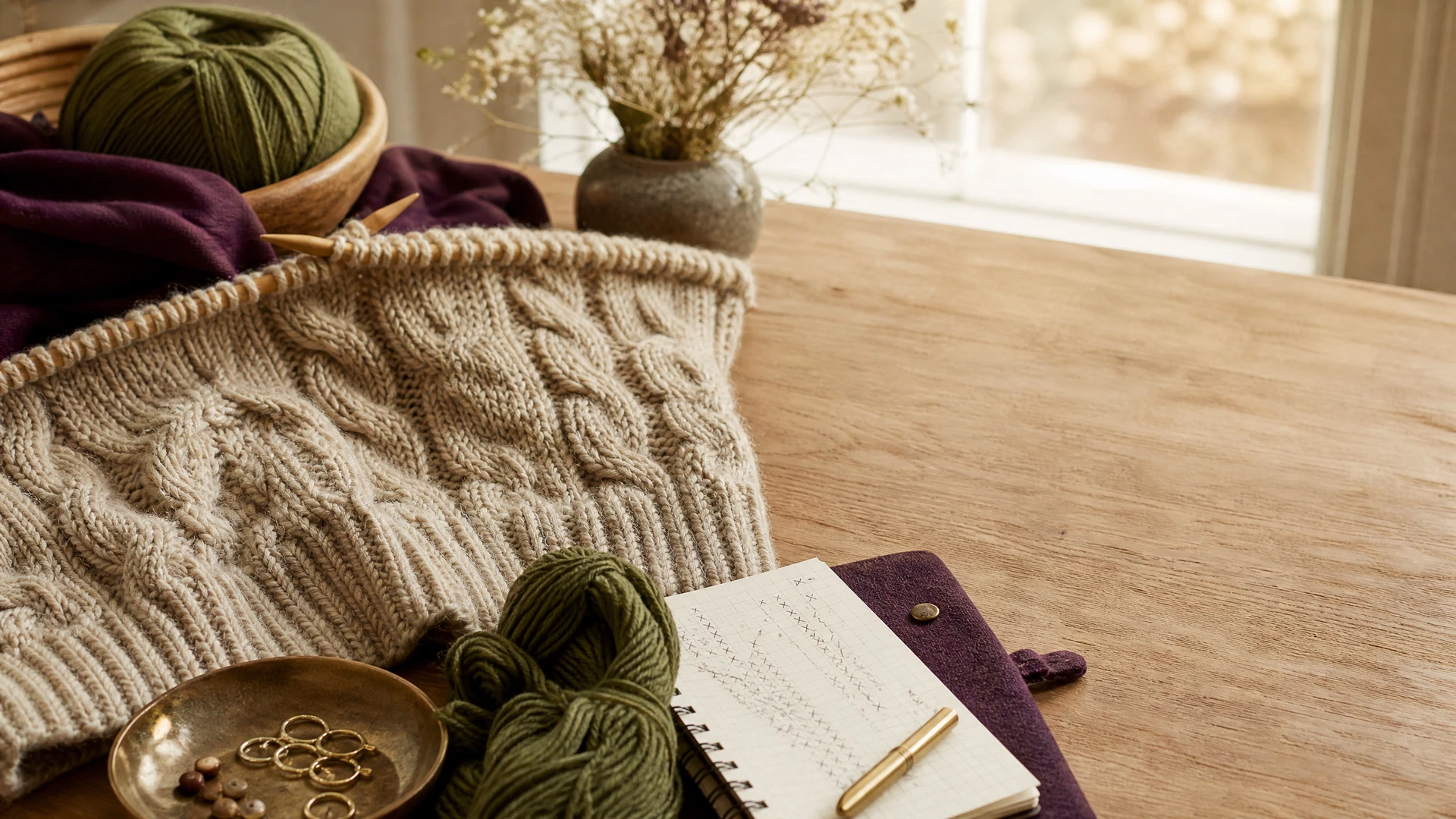 Cream cable knitting, wool and wooden needles on an oak table